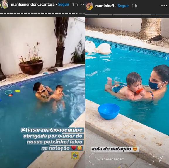 Marília Mendonça e Murilo Huff acompanham natação do filho