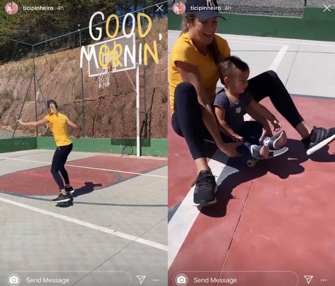 Ticiane Pinheiro se diverte andando de skate com a filha