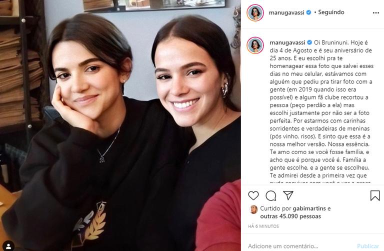 Manu Gavassi parabeniza Bruna Marquezine