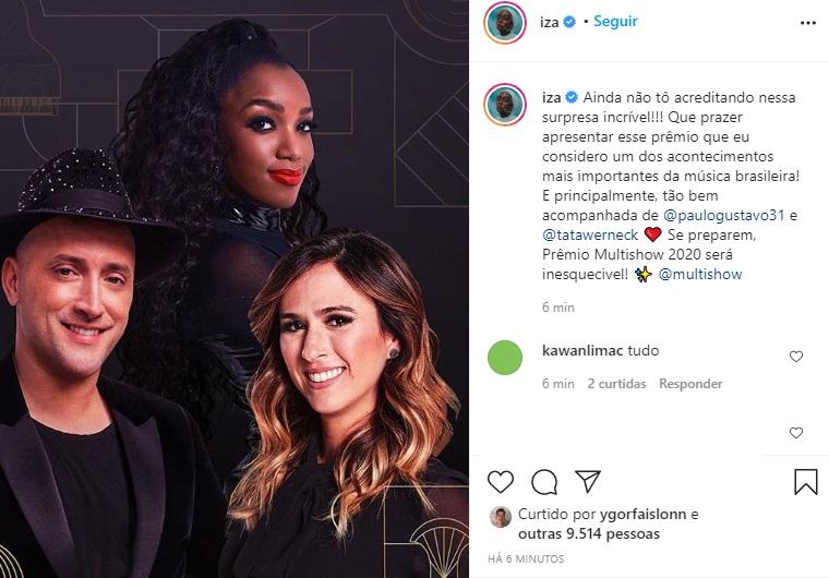 Iza é anunciada como apresentadora do Prêmio Multishow 2020