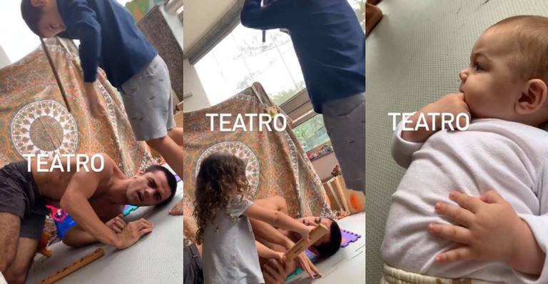 Felipe Simas faz peça de teatro com os filhos e encanta a esposa