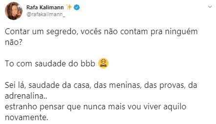 Rafa Kalimann diz que está com saudade do BBB