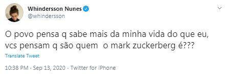 Whindersson Nunes comenta sobre opinião alheia