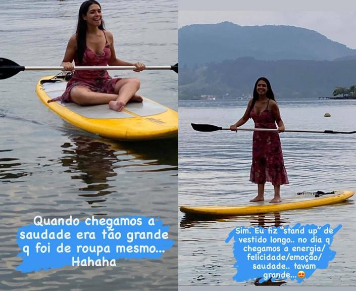 Thais Fersoza faz stand up paddle de vestido longo e explica