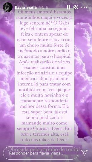 Flávia Viana revela que o filho, Gabriel, está com infecção urinária