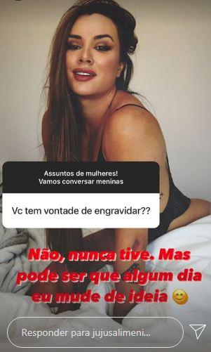 Juju Salimeni diz que não quer ser mãe