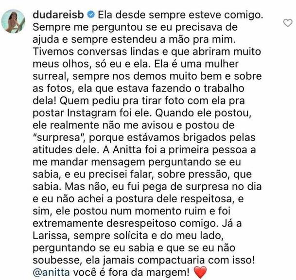 Duda Reis defende a cantora Anitta