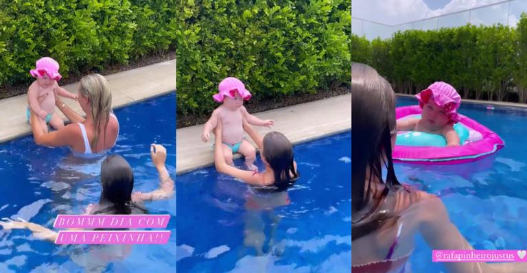 Ana Paula Siebert curte piscina com a filha e Rafa Justus