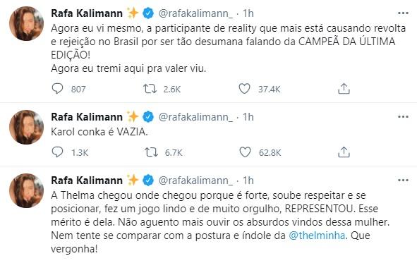 Rafa Kalimann defende Thelma após fala de Karol Conká