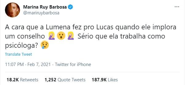 Marina Ruy Barbosa critica Lumena