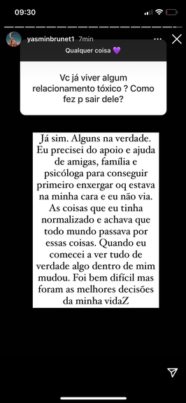 Yasmin Brunet fala sobre relacionamento tóxico