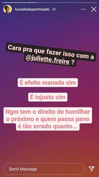 BBB21: Lucas Penteado usa as redes para defender Juliette