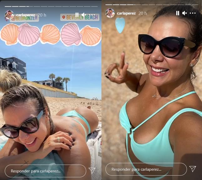 Carla Perez posa tomando sol e para tudo com bumbum impecável