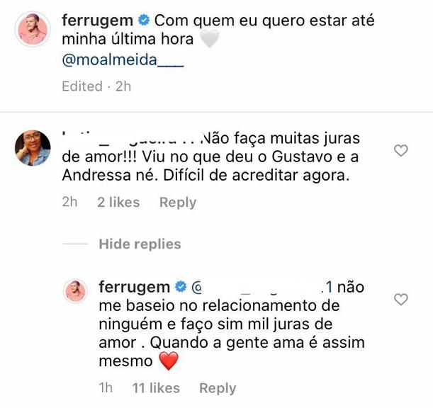 Ferrugem responde seguidora que comenta sobre seu casamento