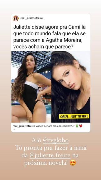 Agatha Moreira comenta semelhança com Juliette do BBB21