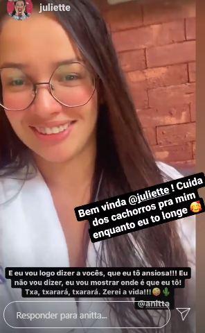 Anitta manda recado para Juliette, que está hospedada em sua casa