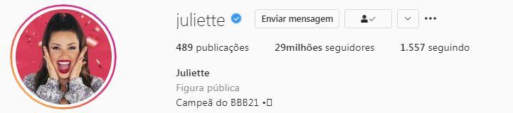 Juliette conquista 29 milhões de seguidores