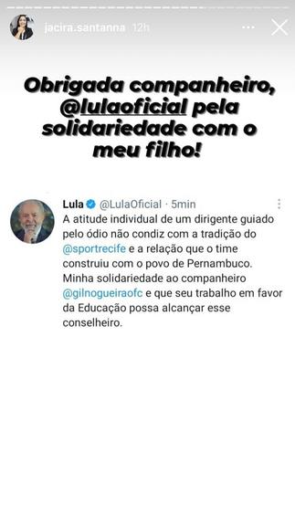 Mãe de Gil, do BBB21, agradece apoio de Lula