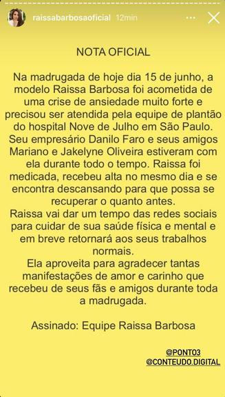 Raissa Barbosa é internada após crise intensa de ansiedade