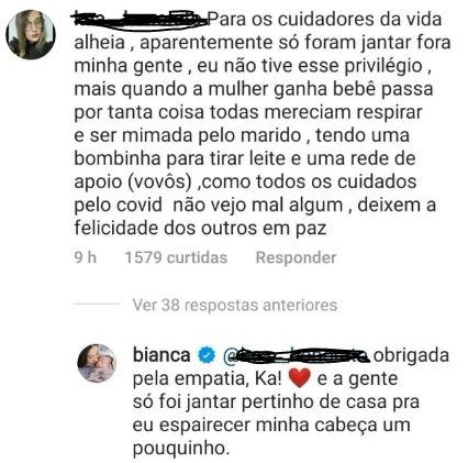 Bianca rebate crítica após sair e deixar o filho com avó