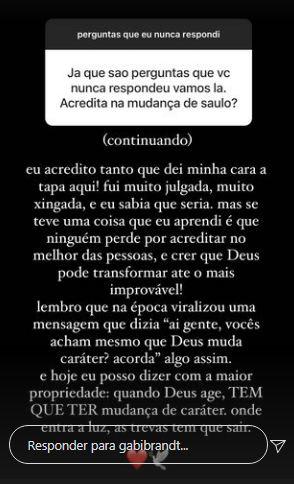 Gabi Brandt comenta sobre mudança do marido, Saulo Poncio, após crise