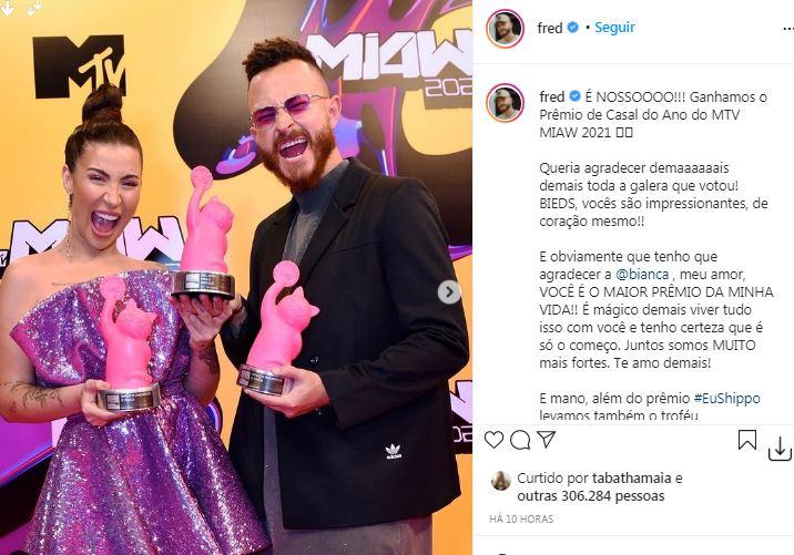 Bianca Andrade e Fred ganham prêmio de casal do ano do MTV MIAW