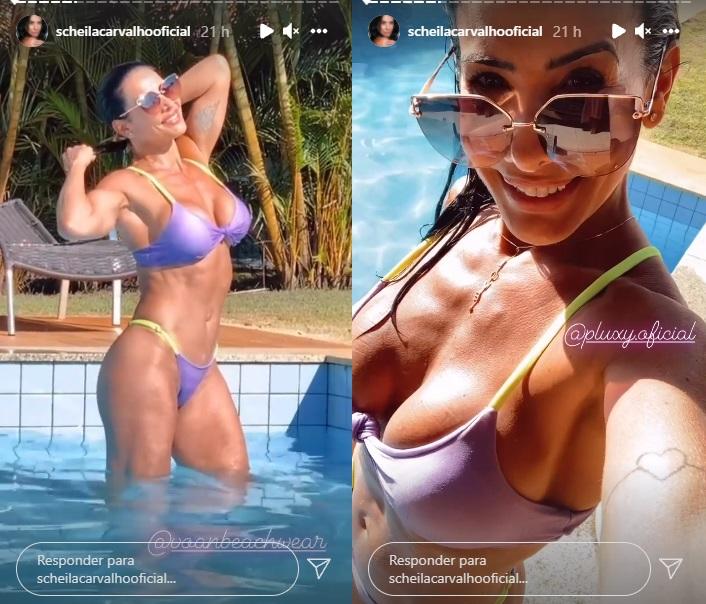 Scheila Carvalho curte dia na piscina com biquíni fininho