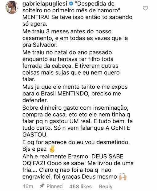 Gabriela Pugliesi desmente falas de Erasmo sobre o divórcio