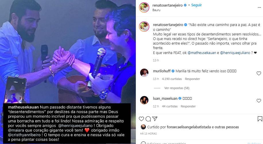 Murilo Huff comenta sobre reconciliação de Matheus e Kauan com Henrique e Juliano