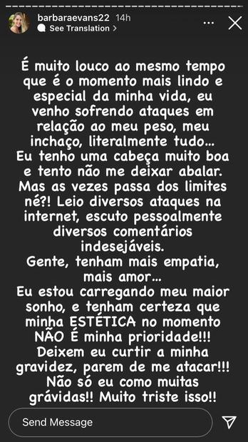 Bárbara Evans fala sobre mensagens de ódio que vem recebendo sobre seu corpo