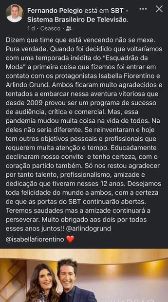 Diretor do SBT fala sobre substituições no Esquadrão da Moda