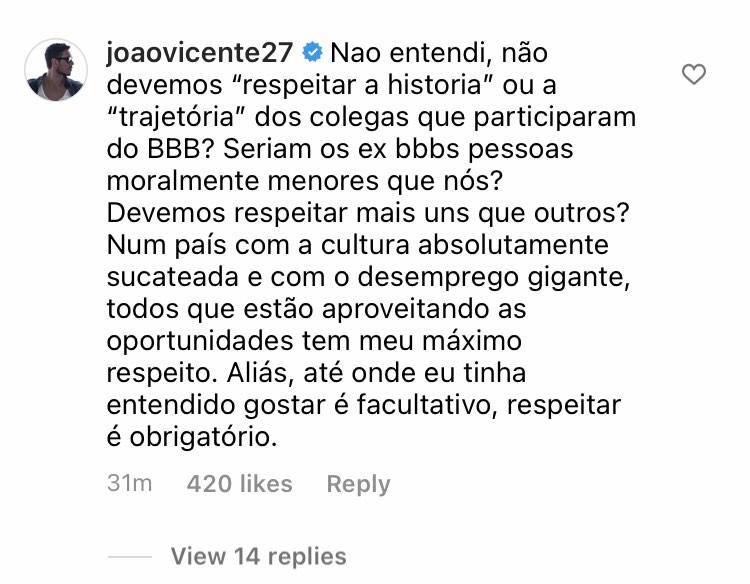 João Vicente rebate fala grosseira de Ícaro Silva sobre o BBB