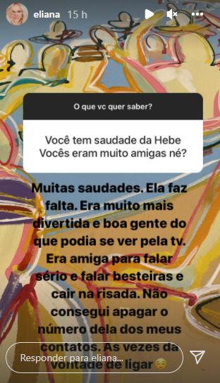 Eliana recorda amizade com Hebe Camargo