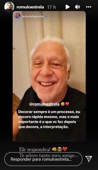 Romulo Estrela é elogiado pelo ator Antonio Fagundes