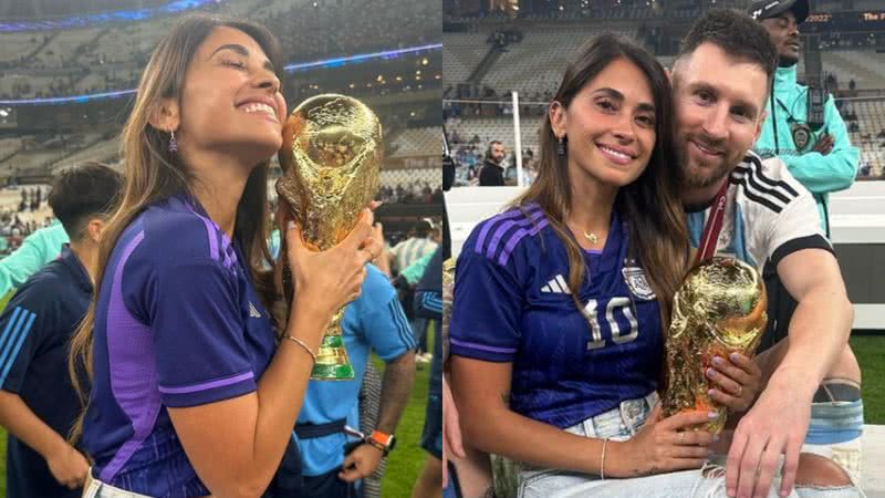 Antonela Roccuzzo, esposa de Lionel Messi, celebra conquista de título mundial do marido ao lado dos filhos e do jogador - Foto: Reprodução / Instagram