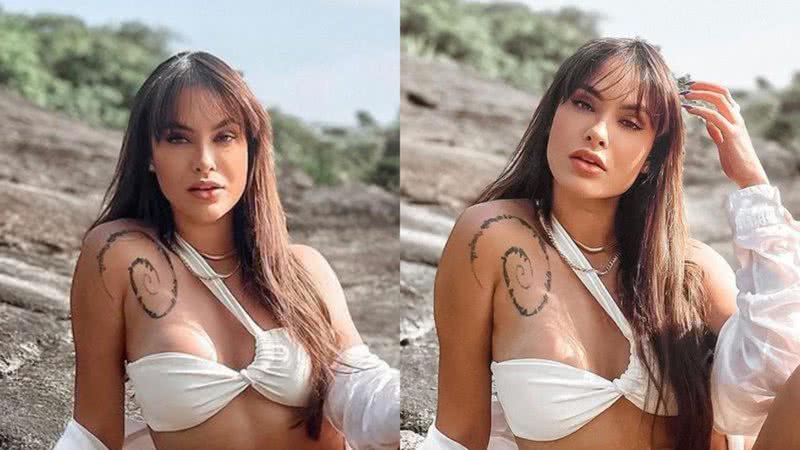 Sarah Andrade faz pose atrevida usando biquíni mínimo branco e desenha corpão - Foto: Reprodução/Instagram