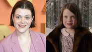 Georgie Henley em foto atual e também quando atuou em 'As Crônicas de Nárnia' - Foto: Getty Images e Reprodução