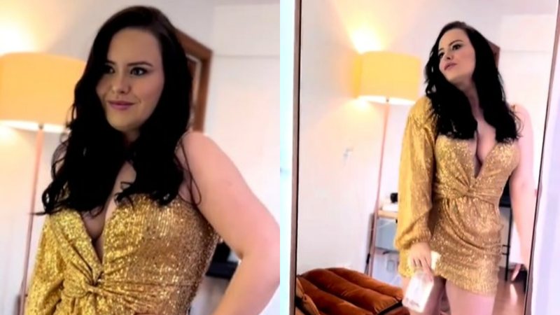 Mari Bridi arranca elogios dos fãs ao surgir com vestido dourado decotadíssimo - Reprodução/Instagram