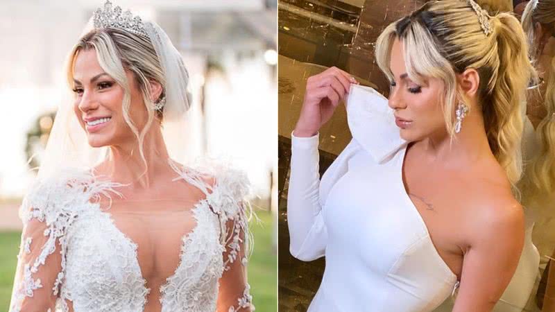 Montagem de fotos de Mariana Polastreli usando os dois vestidos no casamento com Eduardo Costa - Foto: Reprodução/Instagram @giullianooliva