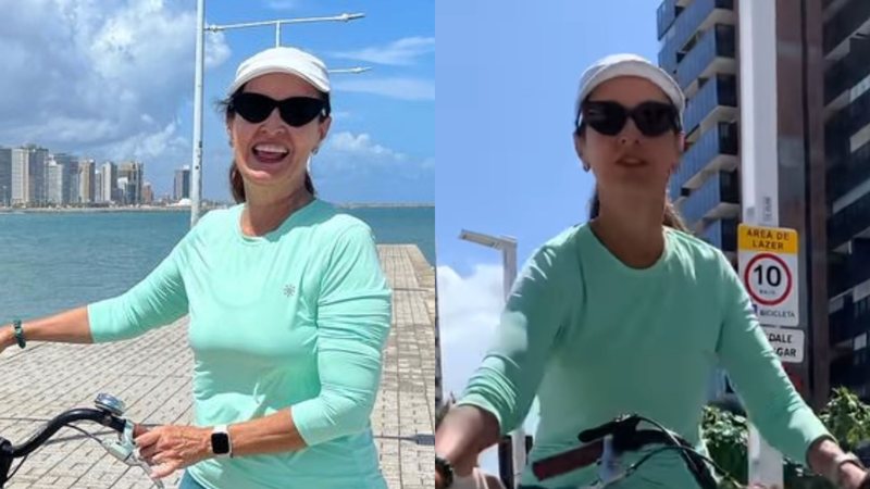 Com look justinho, Fátima Bernardes arrancou elogios ao surgir pedalando na beira da praia - Foto: Divulgação/Instagram