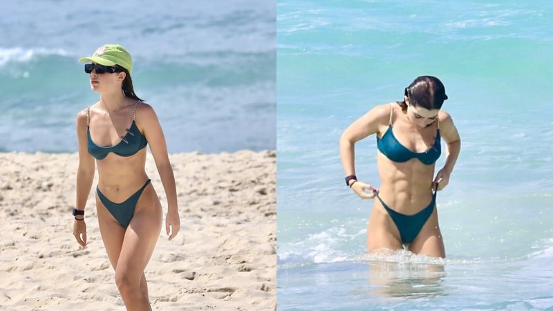 Atriz e influenciadora Jade Picon exibe barriga negativa enquanto toma banho de mar e joga futevôlei nas areias cariocas - Foto: Fabricio Pioyani / AgNews