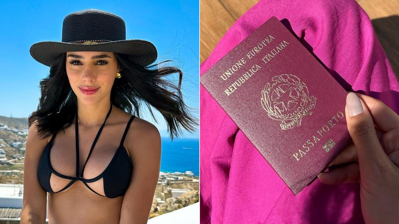 Montagem de fotos de Bruna Biancardi, noiva de Neymar, segurando um passaporte italiano - Foto: Reprodução/Instagram @brunabiancardi