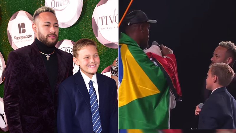 Filho de Neymar Jr rouba a cena ao traduzir as falas de Jimmy Butler em leilão - Foto: Leo Franco / AgNews; Reprodução / Instagram @cazetv_oficial