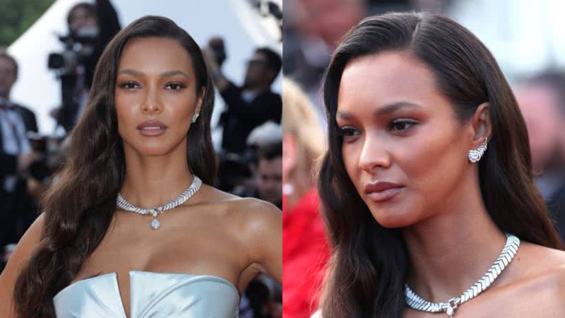 Top Model brasileira Lais Ribeiro aposta em vestido longo, claro e brilhante para comparecer ao festival de cinema - Foto: Getty Images