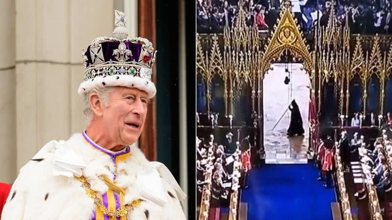 Montagem de fotos do Rei Charles III e da figura misteriosa que surgiu durante a coroação - Foto: Twitter/Getty Images