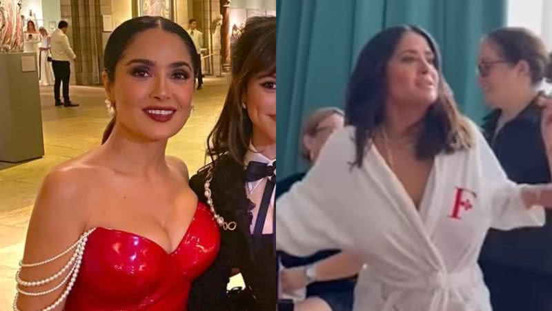 Atriz Salma Hayek é traída por roupão enquanto dançava animada ao lado da equipe - Foto: Reprodução / Instagram