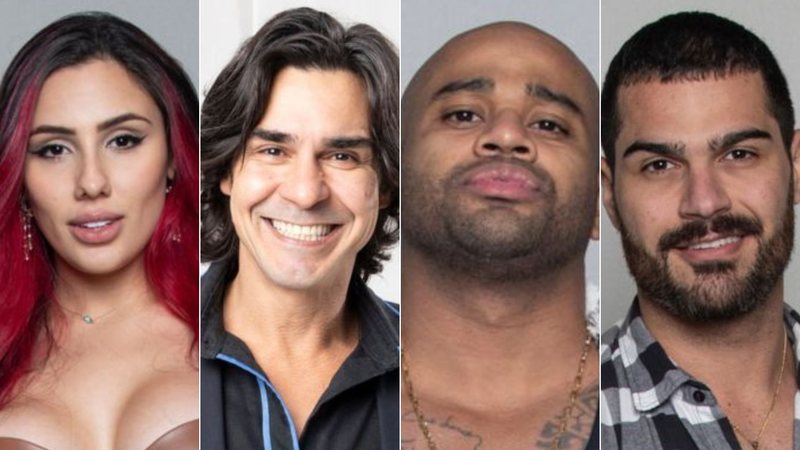 Montagem de fotos de Alicia X, André Gonçalves, Cezar Black e Shayan; peões estão na roça em A Fazenda 15 - Foto: Reprodução/RecordTV