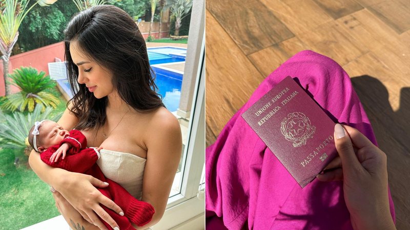 Montagem de fotos de Bruna Biancardi e sua filha, Mavie, e um passaporte italiano - Foto: Reprodução/Instagram @brunabiancardi