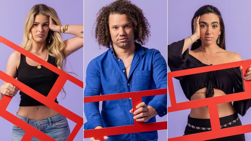 Montagem de fotos de Giovanna, Maycon e Yasmin Brunet; brothers disputam primeiro Paredão do BBB 24 - Foto: Reprodução/Globo