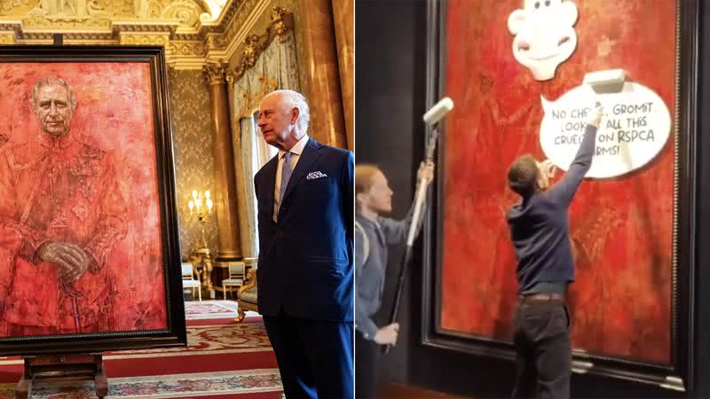 Quadro do Rei Charles III é alvo de ação de ativistas - Foto: Getty Images; Reprodução / X